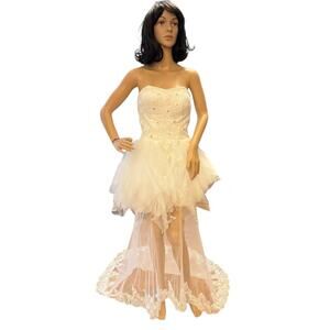 Vintage high low wedding prom strapless corset tulle maxi train dress size small